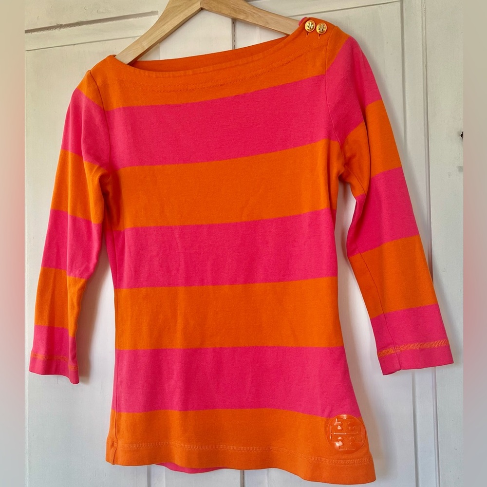 Tory Burch Bright Pink/Orange Striped Boatneck Top, logo on hip and buttons, S
